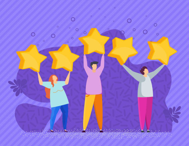 People raised large stars above their heads. Customer feedback. People raised large stars above their heads. Customer feedback. Positive review. Rating opinions. Rating, highest score. Satisfaction with goods and services. Flat vector cartoon illustration. mini fan stock illustrations