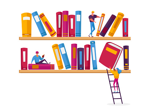 People Read and Study, Students Prepare for Examination, Gaining Knowledges. Reading and Education Concept with Tiny Male and Female Character on Shelf with Huge Books. Cartoon Vector Illustration