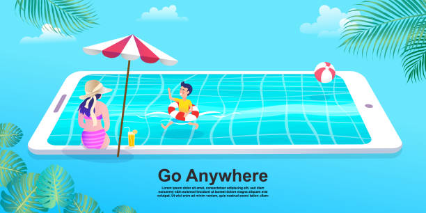 People relaxing at the beach and swimming in a smartphone pool, Girl in bikini with mobile phone. Flat Cartoon woman and boy Character.  small business saturday stock illustrations
