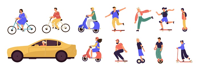 People riding. Cartoon characters on modern electric city transport, longboard scooter bicycle unicycle. Vector personal transporters