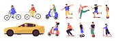 People riding. Cartoon characters on modern electric city transport, longboard scooter bicycle unicycle car. Vector personal transporters roller device with motor