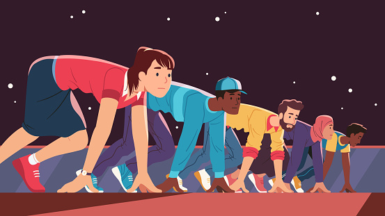 People rivalry, competition concept. Different nations and color persons standing crouching at starting line position, getting ready to run race and compete against. Flat vector character illustration