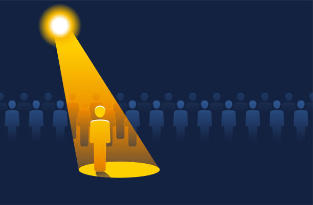 people row with highlighted selected one Recruitment or leadership concept. People row with spotlight highlighted one - creative visualization of people challenge competition spot lit stock illustrations