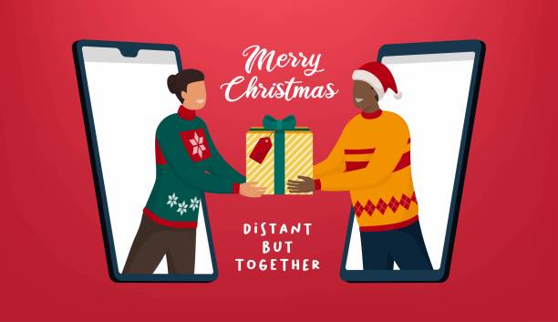 ilustrações de stock, clip art, desenhos animados e ícones de people sharing christmas gifts online - smartphone christmas