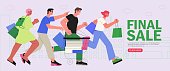 People shop online. E-commerce and online shopping. Man push shopping cart and woman holding boxes or presents. Special offer or big seasonal sale, discounts banner, flyer, web or landing page.