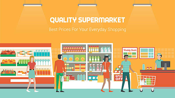 ilustrações, clipart, desenhos animados e ícones de pessoas compras no supermercado - comida congelada