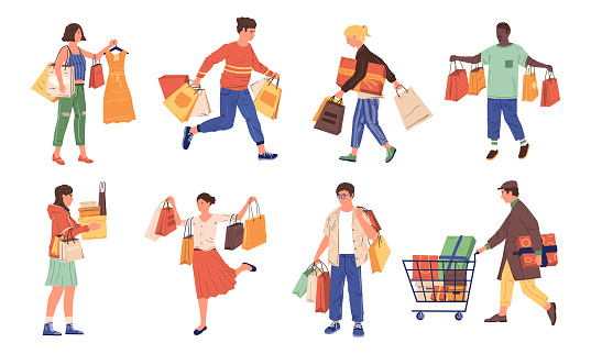 People shopping. Cartoon buyers with bags and carts. Men or women carry purchases from clothing store and supermarket. Male and female buy shoes or garments, holiday presents, vector set