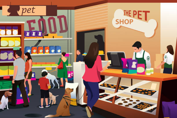 ilustrações, clipart, desenhos animados e ícones de compra dos povos para seus animais de estimação no pet shop - ração