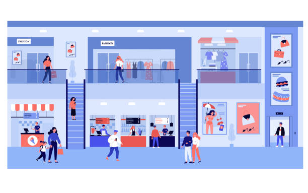 illustrazioni stock, clip art, cartoni animati e icone di tendenza di persone che fanno shopping nel centro commerciale - corridoio ufficio