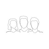 Three people silhouette vector illustration. Hand drawn different gender, culture outline figures in one black line. Equality graphic illustration. Isolated.