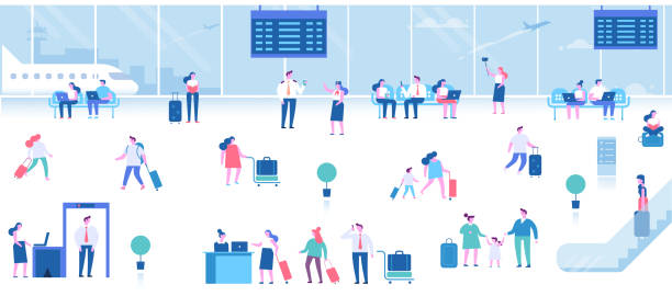 ilustrações de stock, clip art, desenhos animados e ícones de people sitting and walking in airport terminal. - airport lounge business