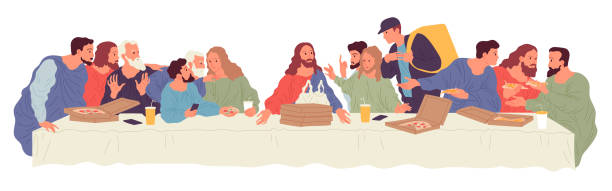 People sitting at table with food delivered by courier from food delivery service. Illustration based on Leonardo Da Vinci painting The Last Supper People sitting at table with food delivered by courier from food delivery service. Illustration based on Leonardo Da Vinci painting The Last Supper. last supper stock illustrations