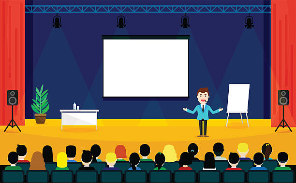People sitting at the conference in flat style. Public Speaking Public Speaking concept. Business Training vector illustration. Speaker in a suit and with microphone standing near flipchart. People sitting at the conference in flat style. presentation speech backgrounds stock illustrations