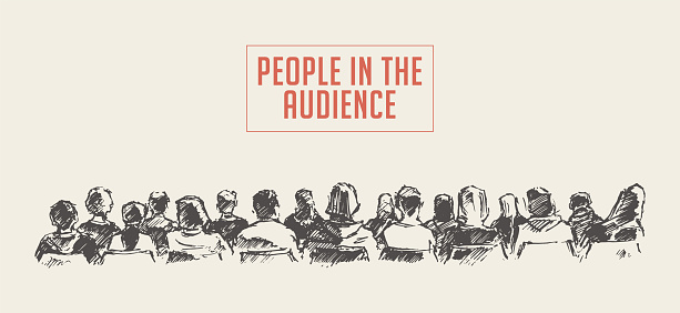 People sitting in the audience. Lecture hall. Hand drawn vector illustration, sketch