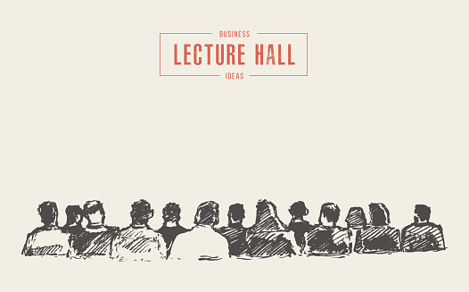 People sitting in the audience. Lecture hall. Hand drawn vector illustration, sketch