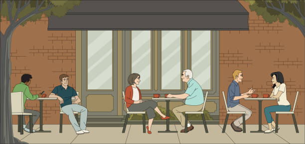ilustrações de stock, clip art, desenhos animados e ícones de people sitting in a coffee shop. cafe with couples on tables. - cafe brasil