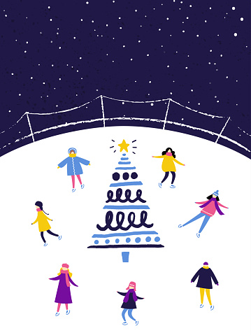 People skating on ice rink in the evening near the decorated christmas tree. Winter scene, flat illustration.