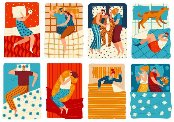 ilustrações de stock, clip art, desenhos animados e ícones de people sleep in bed, set of funny cartoon characters, hand drawn men and women, vector illustration - sleeping couple