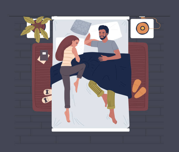 People sleep in bed top view. Men and women sleeping together, trendy flat vector illustration. Family couple in pajamas in cozy bed. Night rest bedroom concept. People sleep in bed top view. Men and women sleeping together, trendy flat vector illustration. Family couple in pajamas in cozy bed. Night rest bedroom concept. man sleeping in bed top view stock illustrations