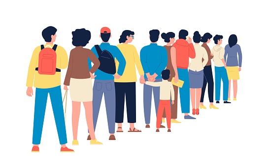 People standing in line. Worker queue, crowd waiting to entrance. Person group, women, men and child. Flat customers or travellers together, recent vector concept