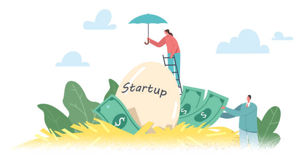 People Start Up Project. Tiny Businesswoman Character Stand on Ladder Protecting Huge Startup Egg in Nest with Umbrella accelerator startup stock illustrations