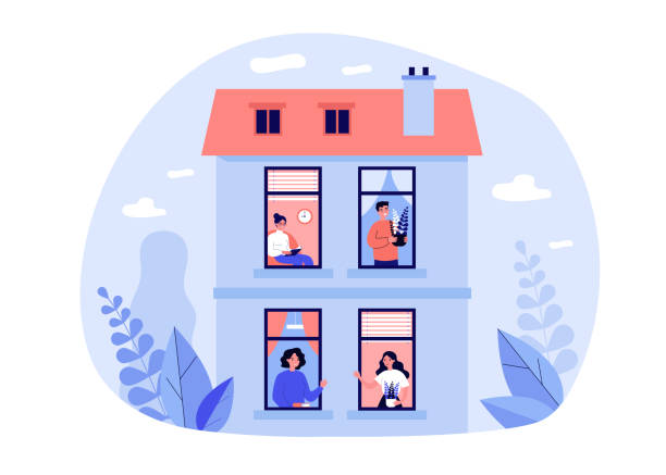 People staying at home under quarantine People staying at home under quarantine. Neighbors talking to each other through open windows. Vector illustration for communication, lockdown, neighborhood concept window illustrations stock illustrations