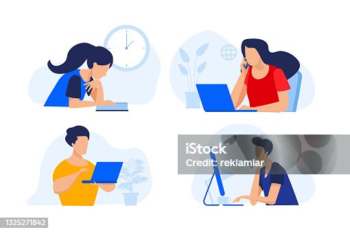istock People studying at home. Drawing of a person listening or working on technological tools. Students watching lecture on laptop. Vector of woman talking on the phone. Home office is working. Remote work and distance education vectors. 1325271842