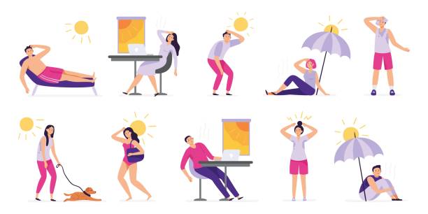 People suffer from heat. Sunstroke, summer hot weather and overheating. Sweaty people overheated in sun vector illustration set People suffer from heat. Sunstroke, summer hot weather and overheating. Sweaty people overheated in sun vector illustration set. Summer sunstroke, heatstroke and dehydration sweat stock illustrations
