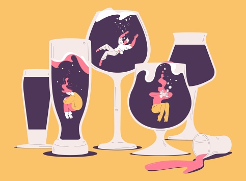 People suffering from hard drinking. Concept illustration with depressed characters sink in various alcohol glasses. Alcoholism effects