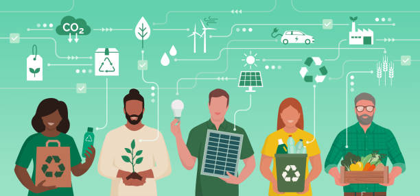 People supporting sustainability and eco-friendly solutions Diverse people from all over the world standing together and supporting a sustainable lifestyle: environmental care and eco friendly solutions concept climate action stock illustrations
