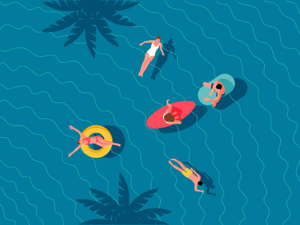 People swimming in a pool Group of young people swimming in a pool, sea. Aerial view. Flat design illustration. summer illustrations stock illustrations