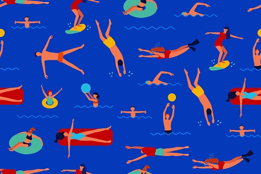 People swimming, surfing, relaxing trendy seamless pattern. Man and woman person enjoy underwater scuba diving, sunbathing on inflatable mattress, playing ball in sea or in pool vector illustration
