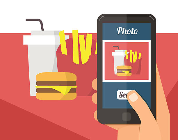 People taking photo of their food People taking picture photo of fast food in restaurant with smartphone, selfie shot flat vector illustration vegetable photos stock illustrations