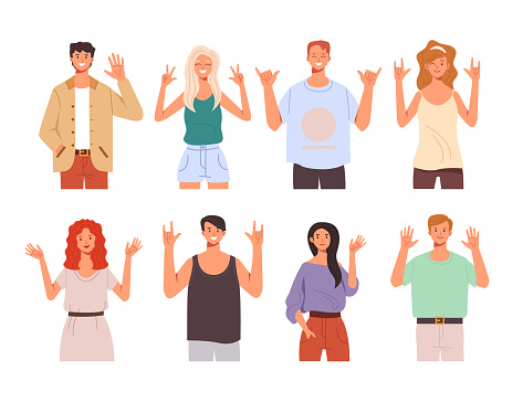 People teen characters say hello and showing greeting gesture hands isolated set. Vector flat graphic design cartoon illustration