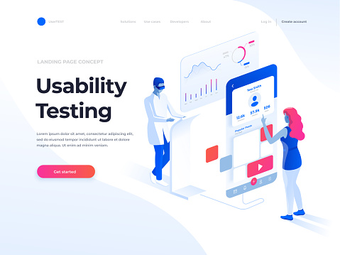 People testing the interface and usability of a mobile application. Data analysis and office situations. Isometric illustration. Landing page template.