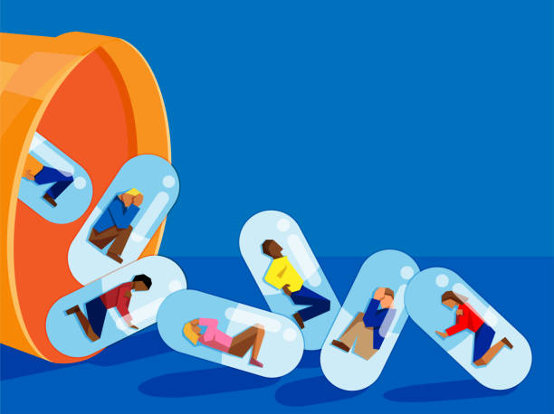 people trapped inside pill capsules that are being emptied out of a pill bottle - prescription drug addiction concept vector illustration of multiracial adults encapsulated and being dropped from a large pill bottle. concept for prescription drug addiction/abuse. drug abuse stock illustrations