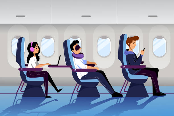 人們乘坐飛機乘坐經濟艙旅行。飛機內飾與睡覺和工作的乘客。向量平的動畫片例證 - 乘客 幅插畫檔、美工圖案、卡通及圖標