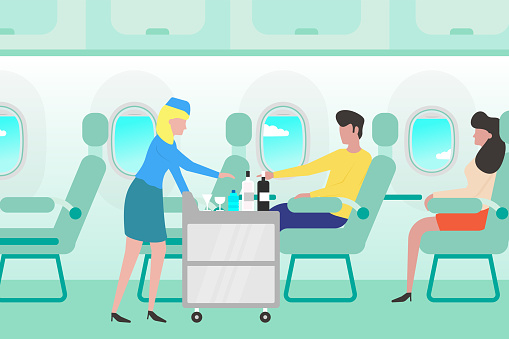 People travel by airplane in economy class