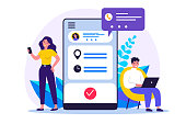 People using appointment business application. Man and woman planning meeting with online app. Vector illustration for internet technology, mobile calendar concept