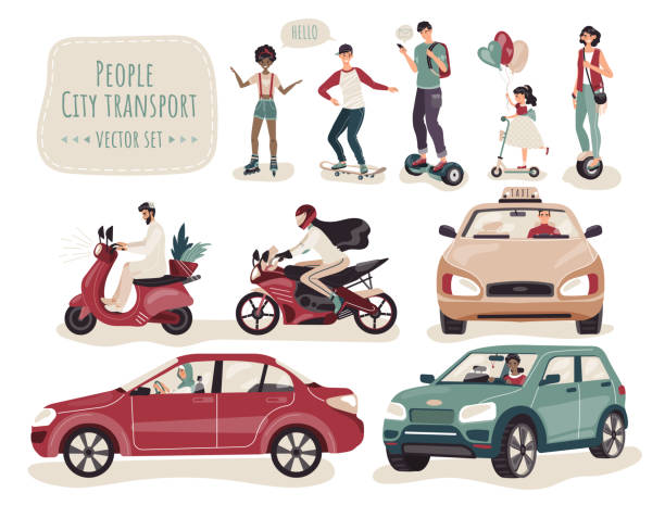 People using different kinds of transport, set of cartoon characters, vector illustration People using different kinds of transport, set of cartoon characters, vector illustration. Teenager riding skateboard and roller skaters, adult men and women driving car and bike. Modern transport set teen driving stock illustrations
