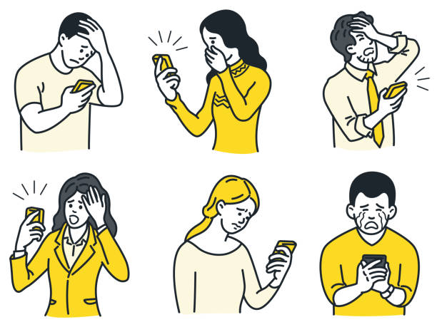 불행한 감정으로 스마트 폰을 사용하는 사람들 - 눈물 일러스트 stock illustrations