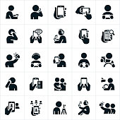 A set of icons showing people using a smartphone in several different ways. These include talking on the phone, computing, taking pictures, taking a selfie, listening to music, searching the internet and purchasing to name a few.