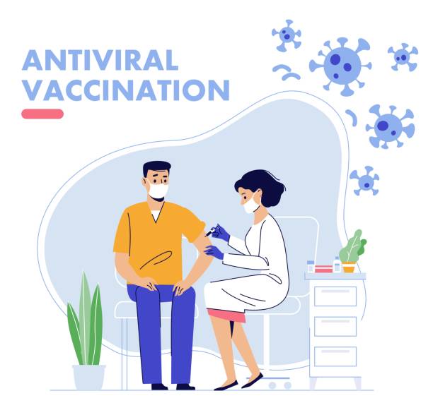 People vaccination concept for immunity health. Covid-19. Doctor woman makes an injection of flu vaccine to a young man in hospital.  Healthcare, coronavirus, prevention and immunize. covid vaccine stock illustrations