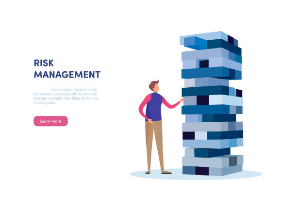 People vector illustration. Flat cartoon character. Landing page template. Risk management. Businessman gambling placing block stack on a tower. Business concept illustration vector risk stock illustrations