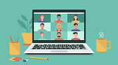 people connecting together, learning and meeting online with teleconference, video conference remote working on laptop computer, work from home and anywhere, new normal concept, vector illustration