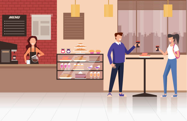 People visitors drinking coffee tea in coffee shop cafe. Street food concept. Vector design flat graphic cartoon illustration People visitors drinking coffee tea in coffee shop cafe. Street food concept. Vector design flat graphic cartoon bakery illustrations stock illustrations