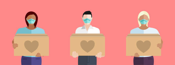People Volunteering To Help Others Concept Vector Multicultural people volunteering to help others in need with boxes of donations during the COVID-19 coronavirus pandemic charitable donation stock illustrations