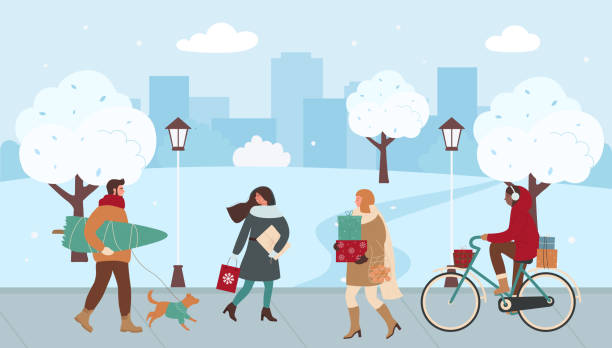 ilustrações de stock, clip art, desenhos animados e ícones de people walk on city street, hurry for christmas market sale - woman holding a christmas gift