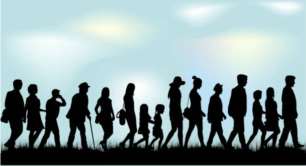 People walking black silhouettes. vector art illustration