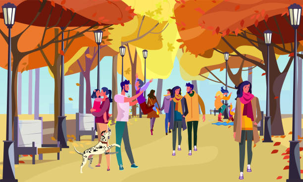 illustrazioni stock, clip art, cartoni animati e icone di tendenza di persone che camminano nel parco cittadino autunnale - autunno energia